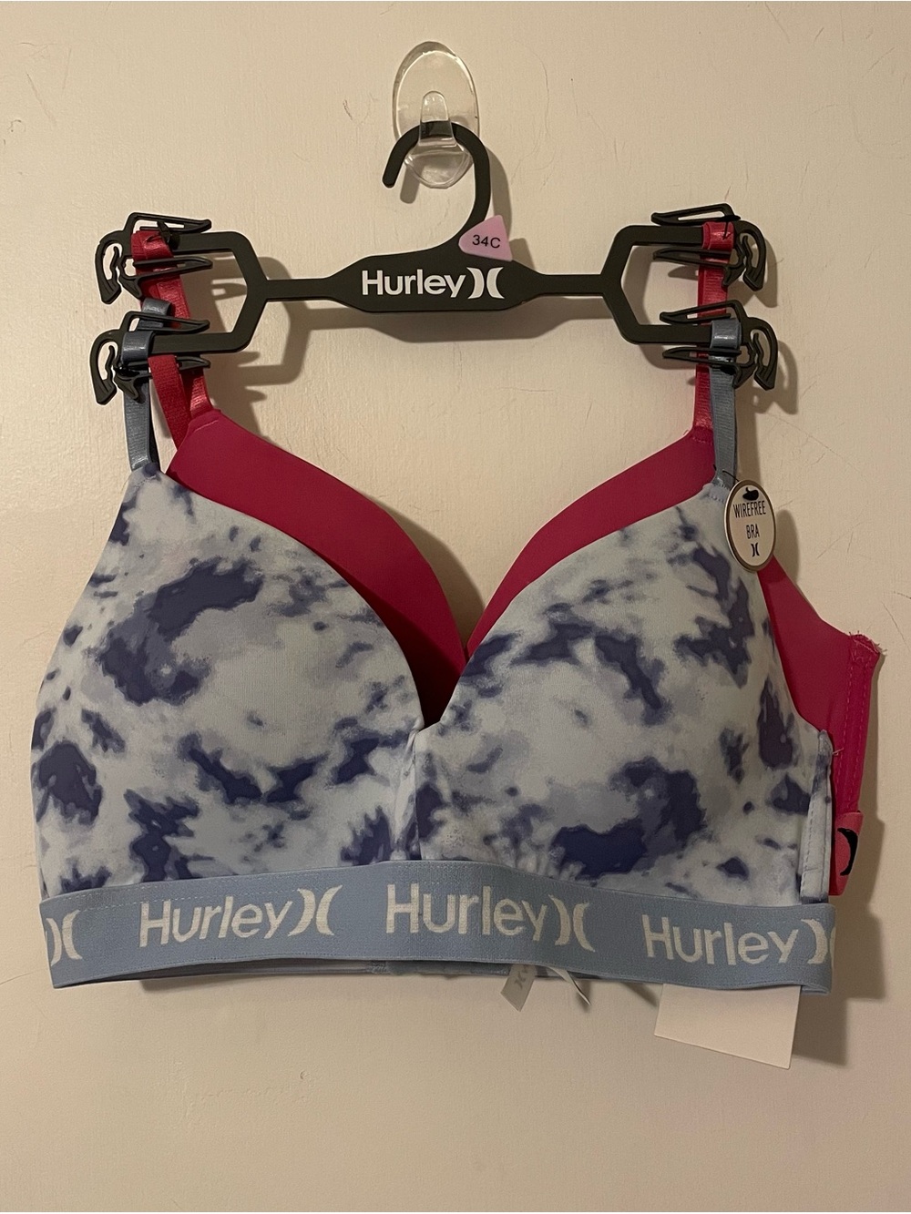 Hurley Blue Tie-Dye and Pink Bra Lot Set Two Wireless Wire Free New W Tags 34C
